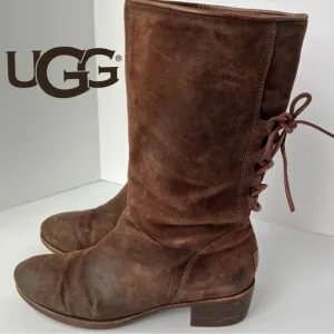 UGG Cary Brown Distressed Leather Lace Back Women's Bohemian Boots Size 10