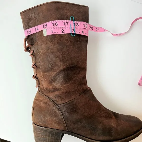 UGG Cary Brown Distressed Leather Lace Back Women's Bohemian Boots Size 10