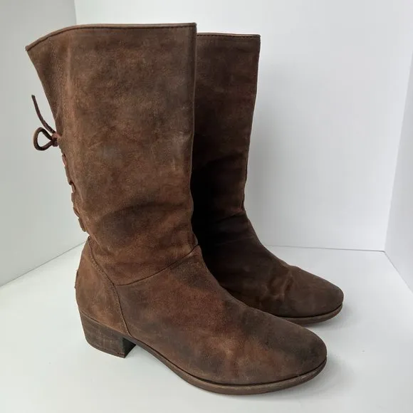 UGG Cary Brown Distressed Leather Lace Back Women's Bohemian Boots Size 10