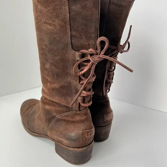 UGG Cary Brown Distressed Leather Lace Back Women's Bohemian Boots Size 10