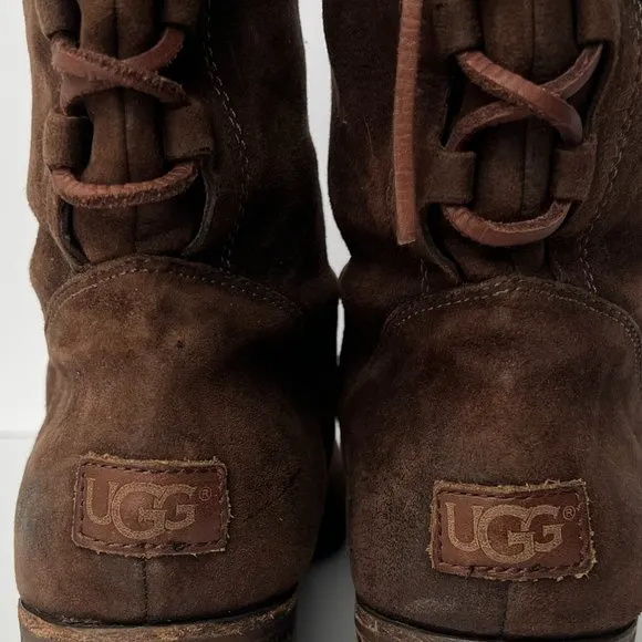 UGG Cary Brown Distressed Leather Lace Back Women's Bohemian Boots Size 10