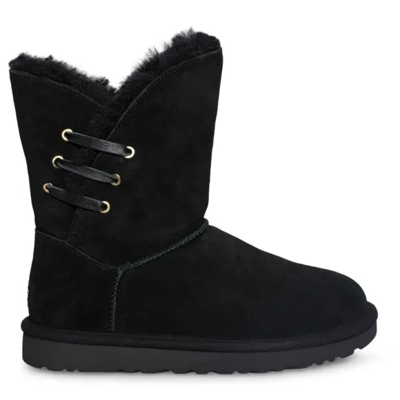 UGG Constantine Booties Black Suede Leather Ribbon Shearling Lined Shorty Boots