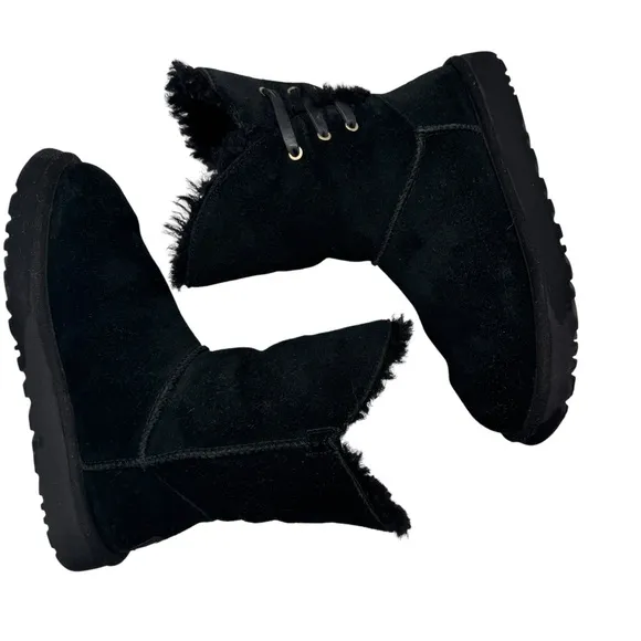 UGG Constantine Booties Black Suede Leather Ribbon Shearling Lined Shorty Boots