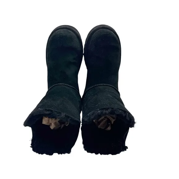 UGG Constantine Booties Black Suede Leather Ribbon Shearling Lined Shorty Boots