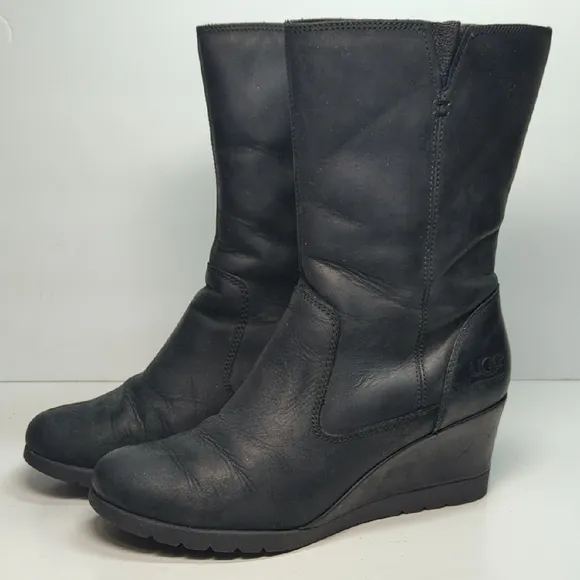 UGG Joely Black wedge mid calf Winter Wedge Boots womans size 6 EU 37