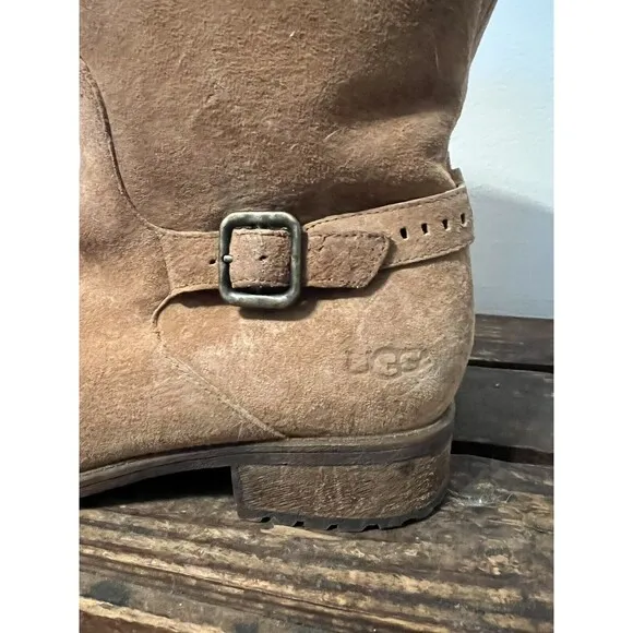 UGG Keppler Chestnut Brown Suede Moto Boots Sheep Wool Lined Heeled Sz 10 Boho