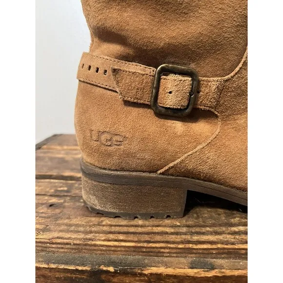 UGG Keppler Chestnut Brown Suede Moto Boots Sheep Wool Lined Heeled Sz 10 Boho