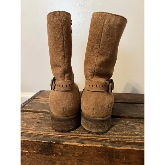 UGG Keppler Chestnut Brown Suede Moto Boots Sheep Wool Lined Heeled Sz 10 Boho