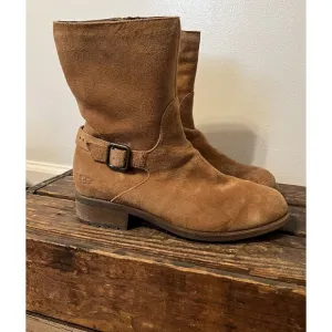 UGG Keppler Chestnut Brown Suede Moto Boots Sheep Wool Lined Heeled Sz 10 Boho