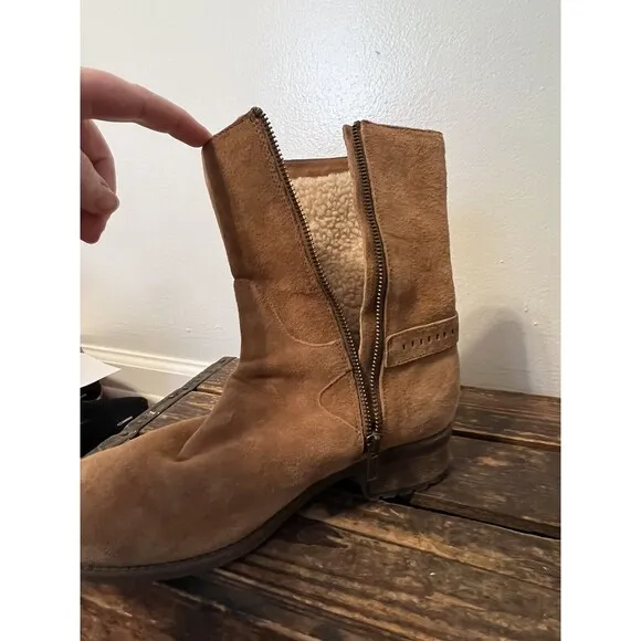 UGG Keppler Chestnut Brown Suede Moto Boots Sheep Wool Lined Heeled Sz 10 Boho