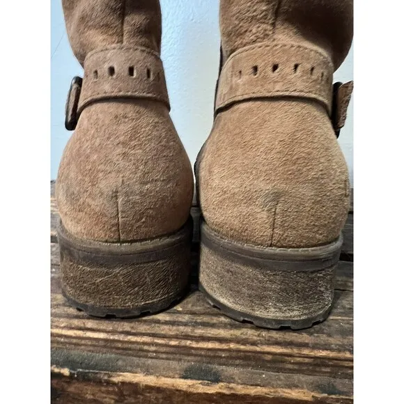 UGG Keppler Chestnut Brown Suede Moto Boots Sheep Wool Lined Heeled Sz 10 Boho