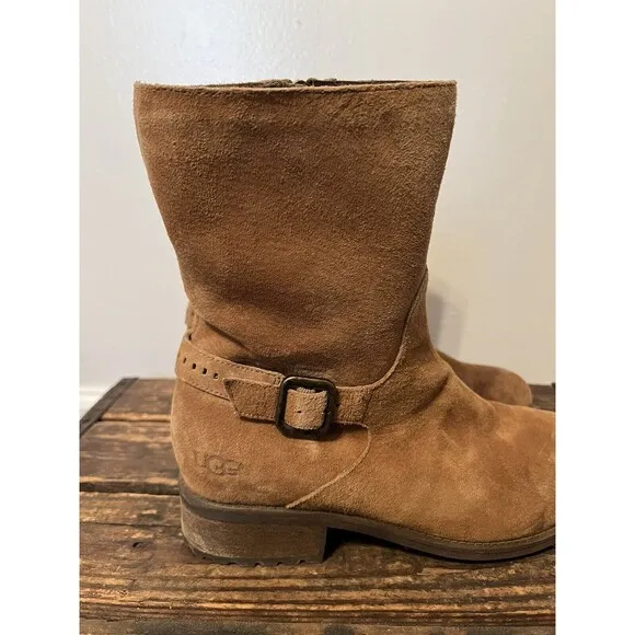 UGG Keppler Chestnut Brown Suede Moto Boots Sheep Wool Lined Heeled Sz 10 Boho