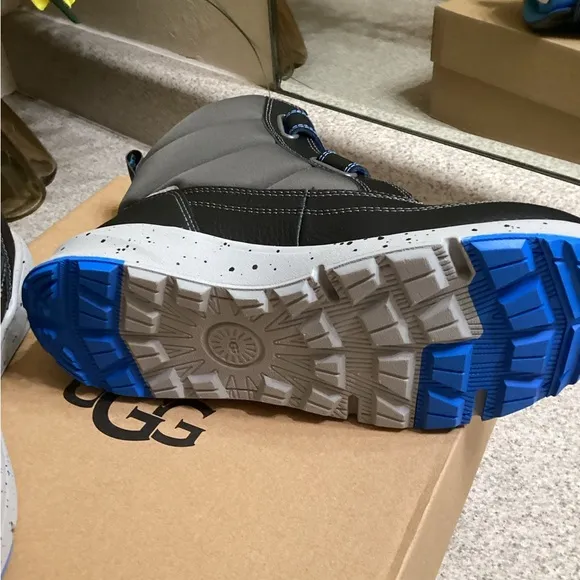 UGG Kids Black and Blue High-Top boots.