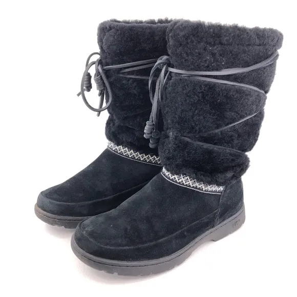 UGG Maxie Black Leather Sheepskin Tall Winter Boots 8