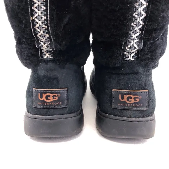 UGG Maxie Black Leather Sheepskin Tall Winter Boots 8