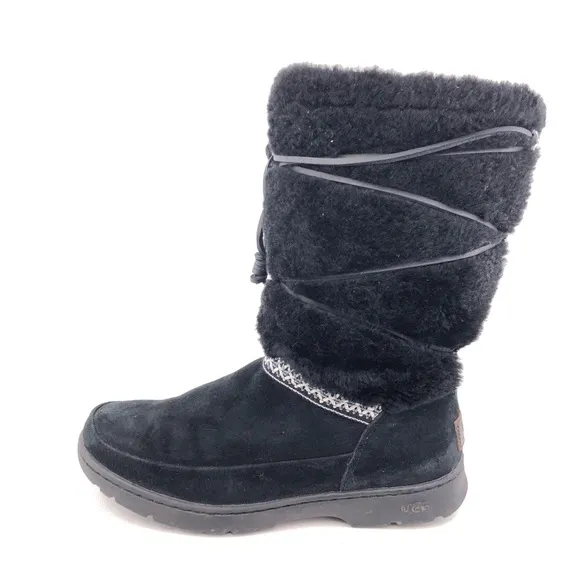 UGG Maxie Black Leather Sheepskin Tall Winter Boots 8
