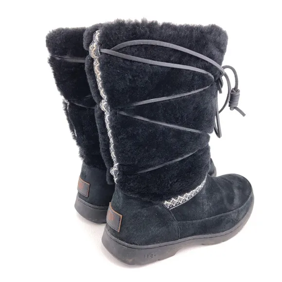 UGG Maxie Black Leather Sheepskin Tall Winter Boots 8