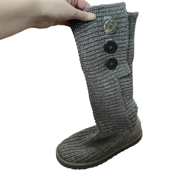Ugg women's size 7 knit tall boots comfortable gray color tan leather