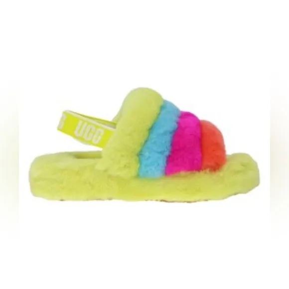 UGG Youth Girls Fluff Yeah Neon Rainbow Slipper Sandals. Size 5
