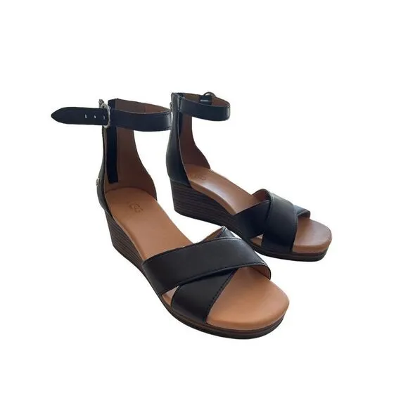 Ugg Womens Black Eugenia Leather Back Zipper Ankle Strap Wedge Sandals Size 6.5