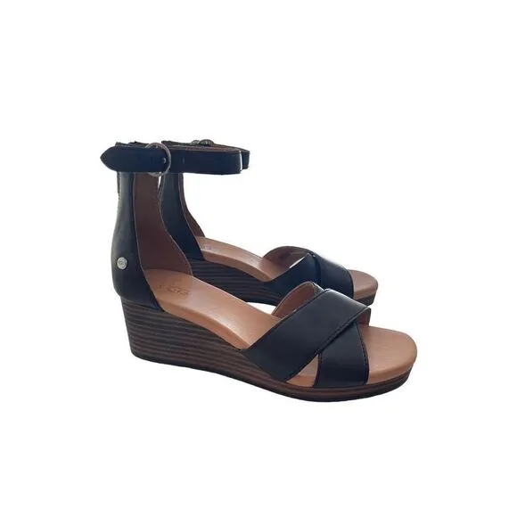 Ugg Womens Black Eugenia Leather Back Zipper Ankle Strap Wedge Sandals Size 6.5
