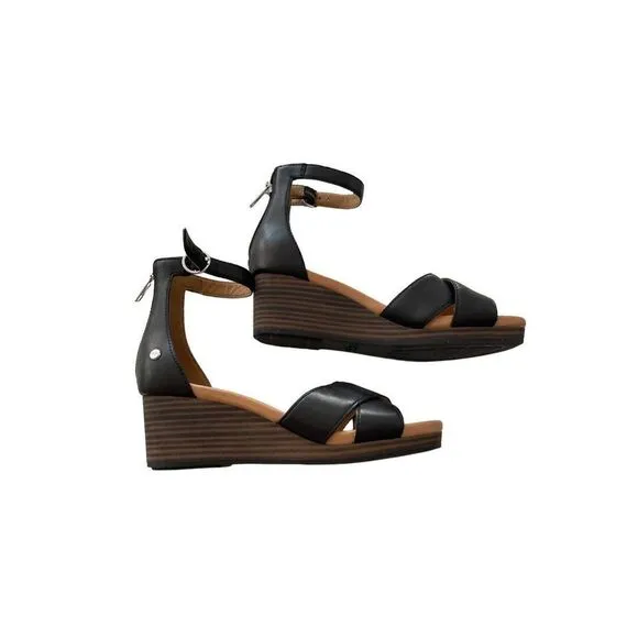 Ugg Womens Black Eugenia Leather Back Zipper Ankle Strap Wedge Sandals Size 6.5