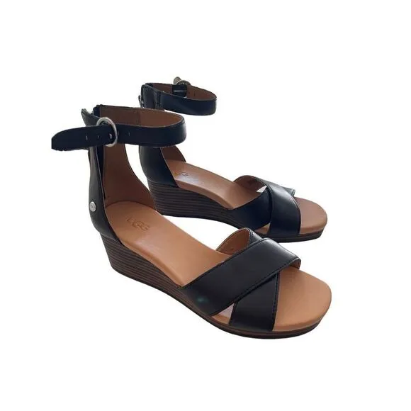 Ugg Womens Black Eugenia Leather Back Zipper Ankle Strap Wedge Sandals Size 6.5