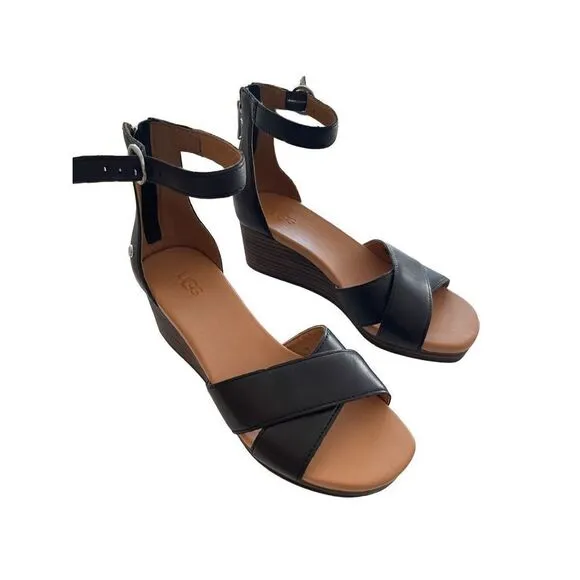 Ugg Womens Black Eugenia Leather Back Zipper Ankle Strap Wedge Sandals Size 6.5