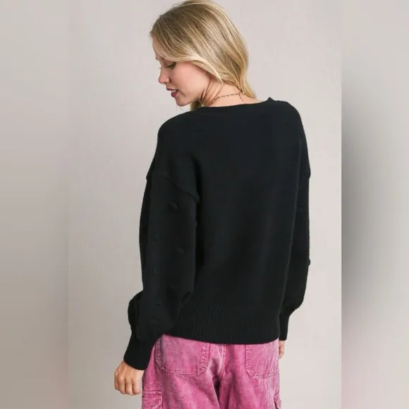 Umgee Full Size Pom Pom Knit Heart Front Round Neck Sweater Plus Size
