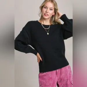 Umgee Full Size Pom Pom Knit Heart Front Round Neck Sweater Plus Size