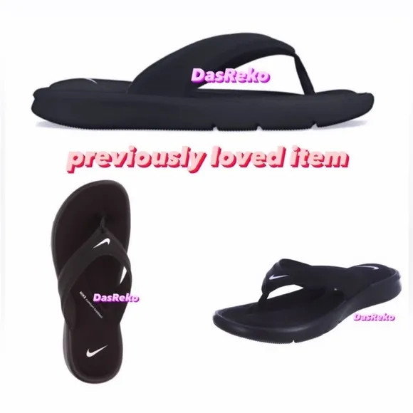 USED WMNS SIZE 10 NIKE ULTRAS COMFORTS THONGS TRIPLE BLACKS WHITES FOOTBEDS EUC