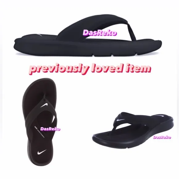 USED WMNS SIZE 10 NIKE ULTRAS COMFORTS THONGS TRIPLE BLACKS WHITES FOOTBEDS EUC