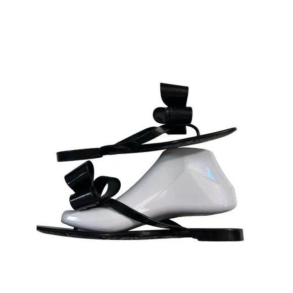 Valentino Garavani Black Bow Flip Flop Thong PVC Flat Sandals 38 US 8