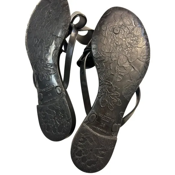 Valentino Garavani Black Bow Flip Flop Thong PVC Flat Sandals 38 US 8