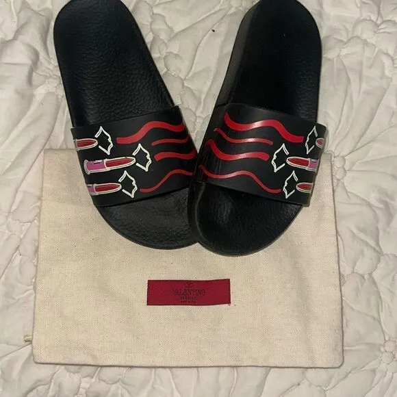 Valentino Garavani PVC Pool Slides Flip Flops Sandals Lipstick Motif
