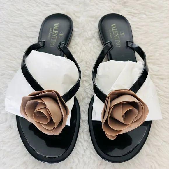 Valentino Garavani Rose Black and Brown Thong Flip Flops Sandals size EU 38
