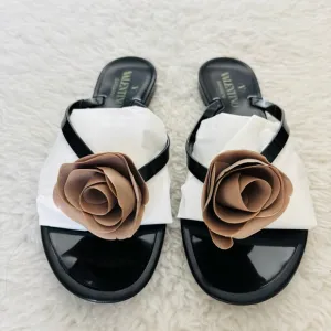 Valentino Garavani Rose Black and Brown Thong Flip Flops Sandals size EU 38