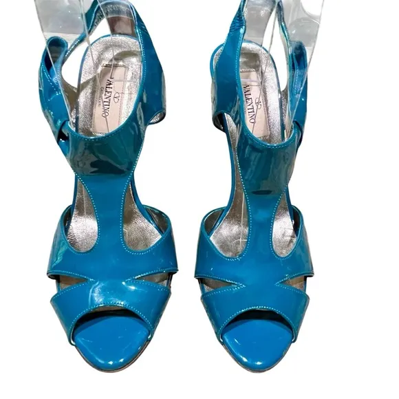 VALENTINO Garavani Teal Blue Patent Leather Heels Shoes Bow Ankle T Strap Retro