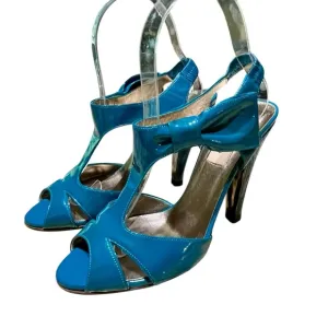 VALENTINO Garavani Teal Blue Patent Leather Heels Shoes Bow Ankle T Strap Retro
