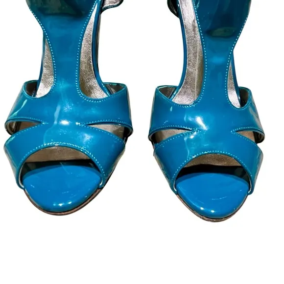 VALENTINO Garavani Teal Blue Patent Leather Heels Shoes Bow Ankle T Strap Retro