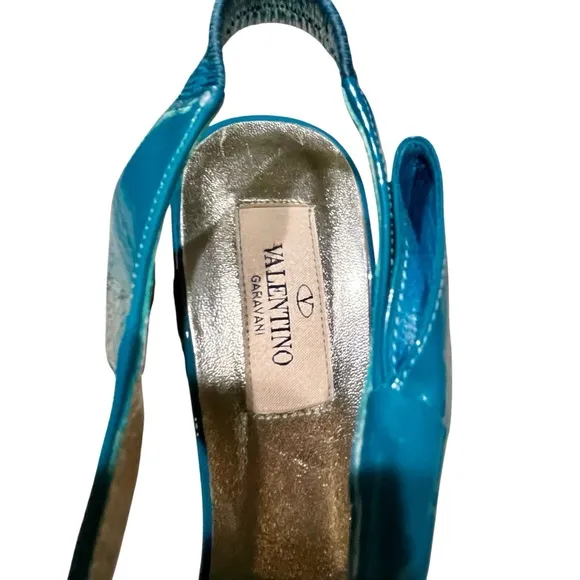 VALENTINO Garavani Teal Blue Patent Leather Heels Shoes Bow Ankle T Strap Retro