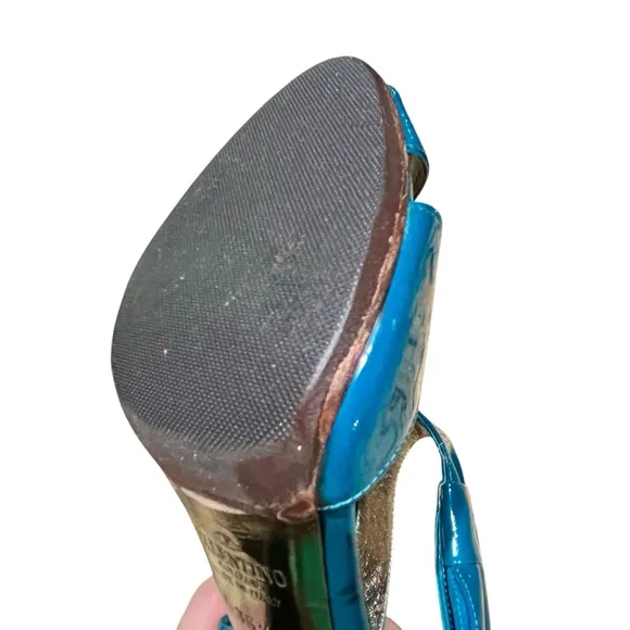 VALENTINO Garavani Teal Blue Patent Leather Heels Shoes Bow Ankle T Strap Retro