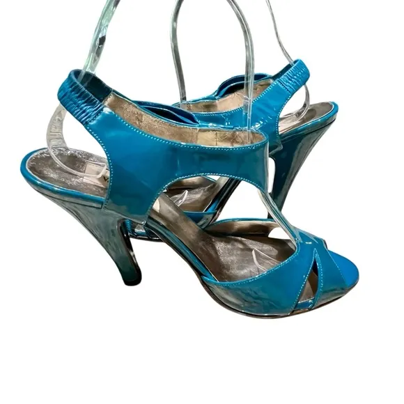 VALENTINO Garavani Teal Blue Patent Leather Heels Shoes Bow Ankle T Strap Retro