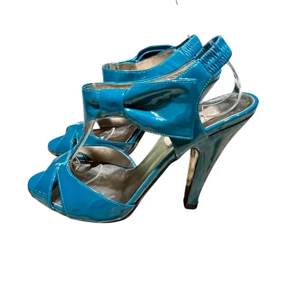 VALENTINO Garavani Teal Blue Patent Leather Heels Shoes Bow Ankle T Strap Retro