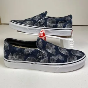 Vans Classic Slip-On Wireframe Skull Print Navy Canvas Sneakers US Men's 10‎