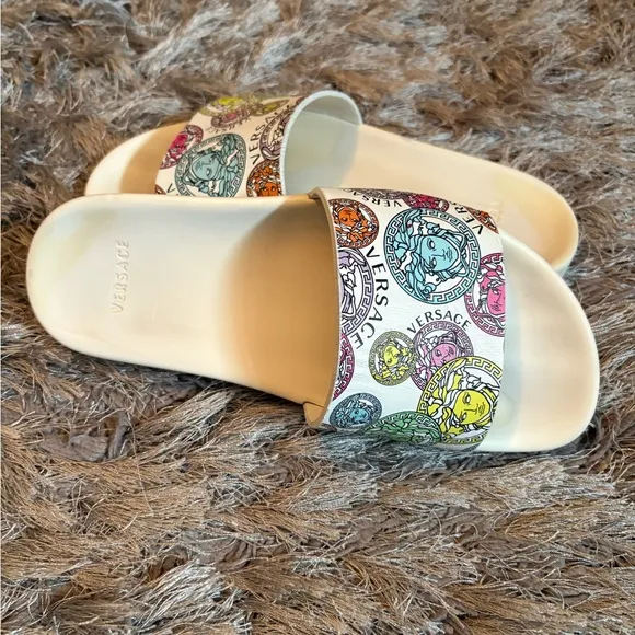 Versace Cream and Multicolor Medusa Slide Sandals