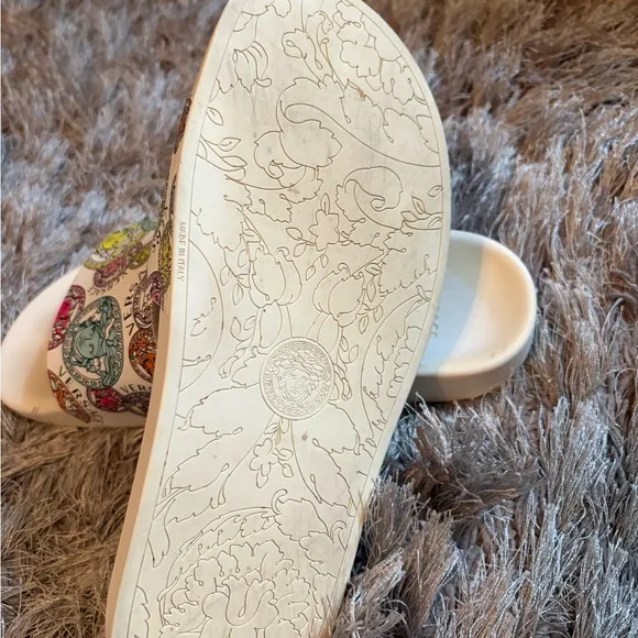 Versace Cream and Multicolor Medusa Slide Sandals