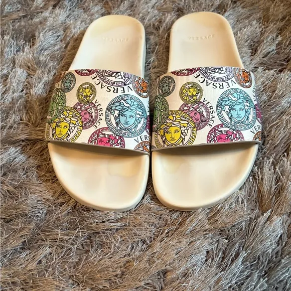Versace Cream and Multicolor Medusa Slide Sandals