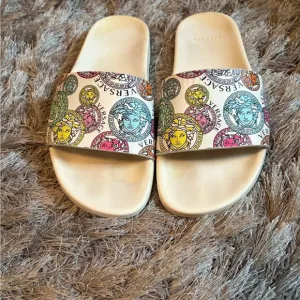 Versace Cream and Multicolor Medusa Slide Sandals