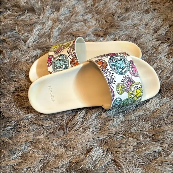 Versace Cream and Multicolor Medusa Slide Sandals